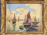 a picture of a painting of boats on the water