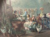 a painting of a group of people sitting around a table