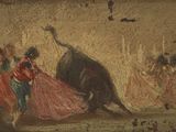 tableau représentant un taureau combattant une femme en robe rose