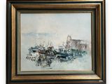 an oil painting of boats in a harbor on a white background