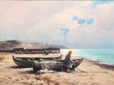 a painting of a man sitting on a boat on the beach