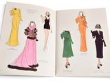 an open book with illustrations of women ' s fashions in different colors