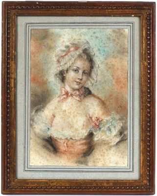 a painting of a young girl holding a basket of flowers