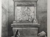an old drawing of a woman sitting in front of a large clock