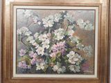 an oil painting of white and pink flowers in a gold frame