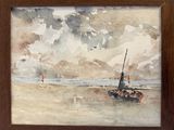a picture of a painting of a boat on the beach