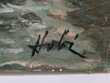 a painting of a boat in the water with a name written on it