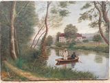 a painting of people in a boat on the water