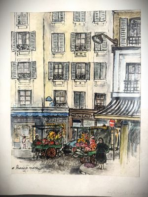 a drawing of a flower stand in front of a building