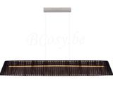 un grand luminaire rectangulaire doté d'une armature métallique et de lamelles de bois