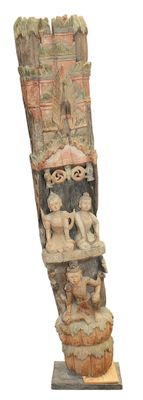 TOTEM ou élément de colonne en bois sculpté polychrome à déc…