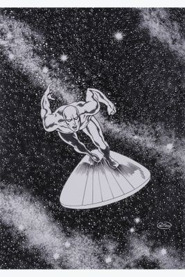 black and white drawing of a man on a surfboard in the middle of space
