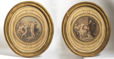 pair of 19th century french oval gilet frames with scenes of the life of christ and the death of christ