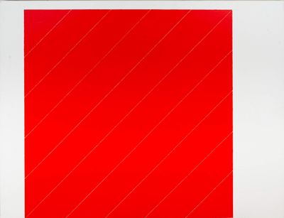 an image of a red and white painting on a white wall