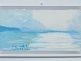 an oil painting of a beach scene in a white frame
