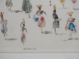a drawing of a group of people walking down the street