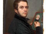 portrait of a man in a black coat holding a brush and a mirror