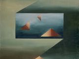 une image représentant un tableau avec trois pyramides dans une pièce