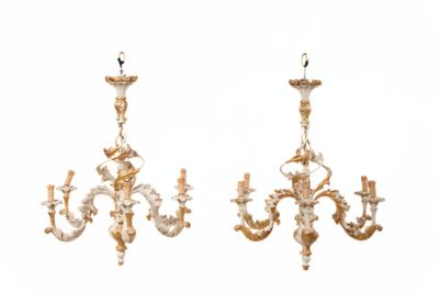 pair of white and gold chandeliers on a white background