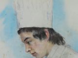 painting of a man in a chef ' s hat with his eyes closed