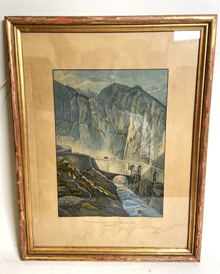 tableau encadré représentant un paysage de montagne avec un pont