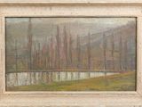 an oil painting of a landscape with trees and a river