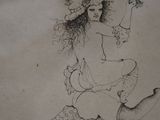 a drawing of a woman holding a bird in her hand