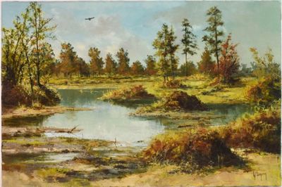 l'image d'une peinture représentant une rivière avec des arbres en arrière-plan
