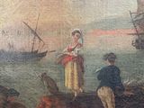 painting of a group of people on a rocky shore with a boat in the background