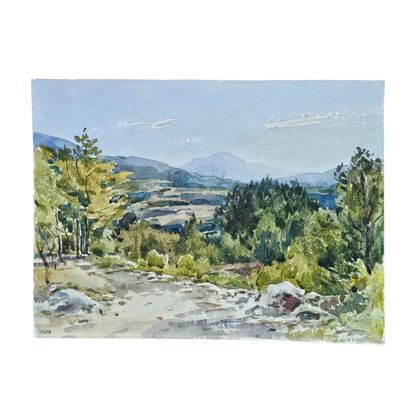 une aquarelle représentant une vue sur les montagnes