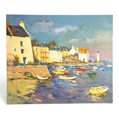 painting of a painting of boats in a harbor with buildings in the background