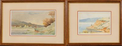 deux aquarelles représentant un paysage avec une montagne et un lac