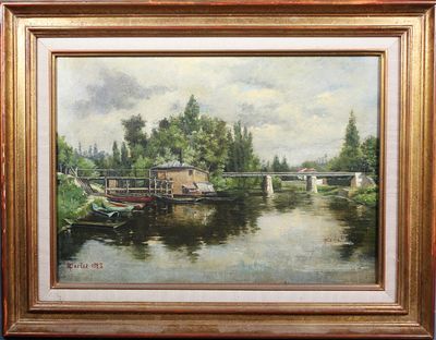 une peinture à l'huile représentant une scène fluviale avec une péniche et un pont
