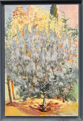 une peinture à l'huile représentant un arbre dans un champ, sur lequel est perché un oiseau