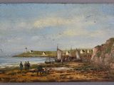 painting of a beach scene with boats and people on the shore