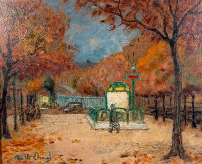 painting of a painting of a park with a bench and trees in the background