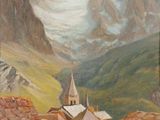 tableau représentant un village de montagne avec une église au premier plan