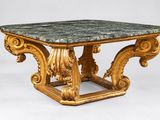 une image d'une table avec un plateau en marbre sur un fond blanc