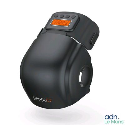 the back view of a black electronic device with a digital display