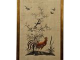 a painting of a rooster and flowers in a gold frame