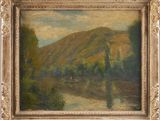 an oil painting of a river scene with a mountain in the background