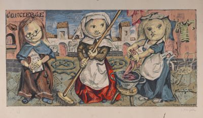 painting of three women with instruments in front of a building