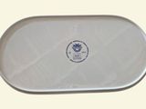 a white tray with a blue and white logo on it