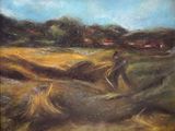 an oil painting of a man plowing a field with a horse