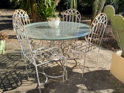 a glass table and chairs in a garden with a cactus
