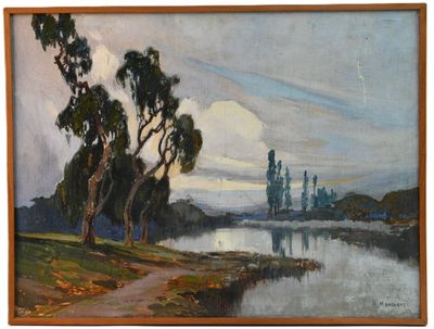 painting of a landscape with trees and a river in the foreground