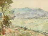 une aquarelle représentant un paysage avec une montagne en arrière-plan