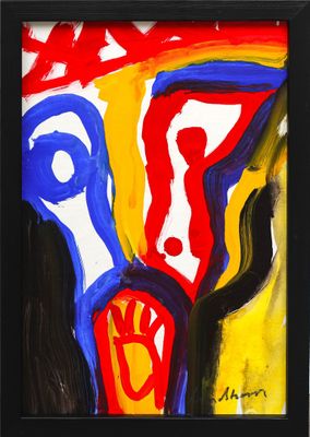 framed picture of abstract painting of a woman ' s face in red, yellow, blue, and black