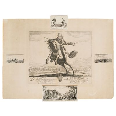 un vieux dessin représentant un homme à cheval dans un champ