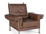 brown leather recliner chair with armrests and foot rest